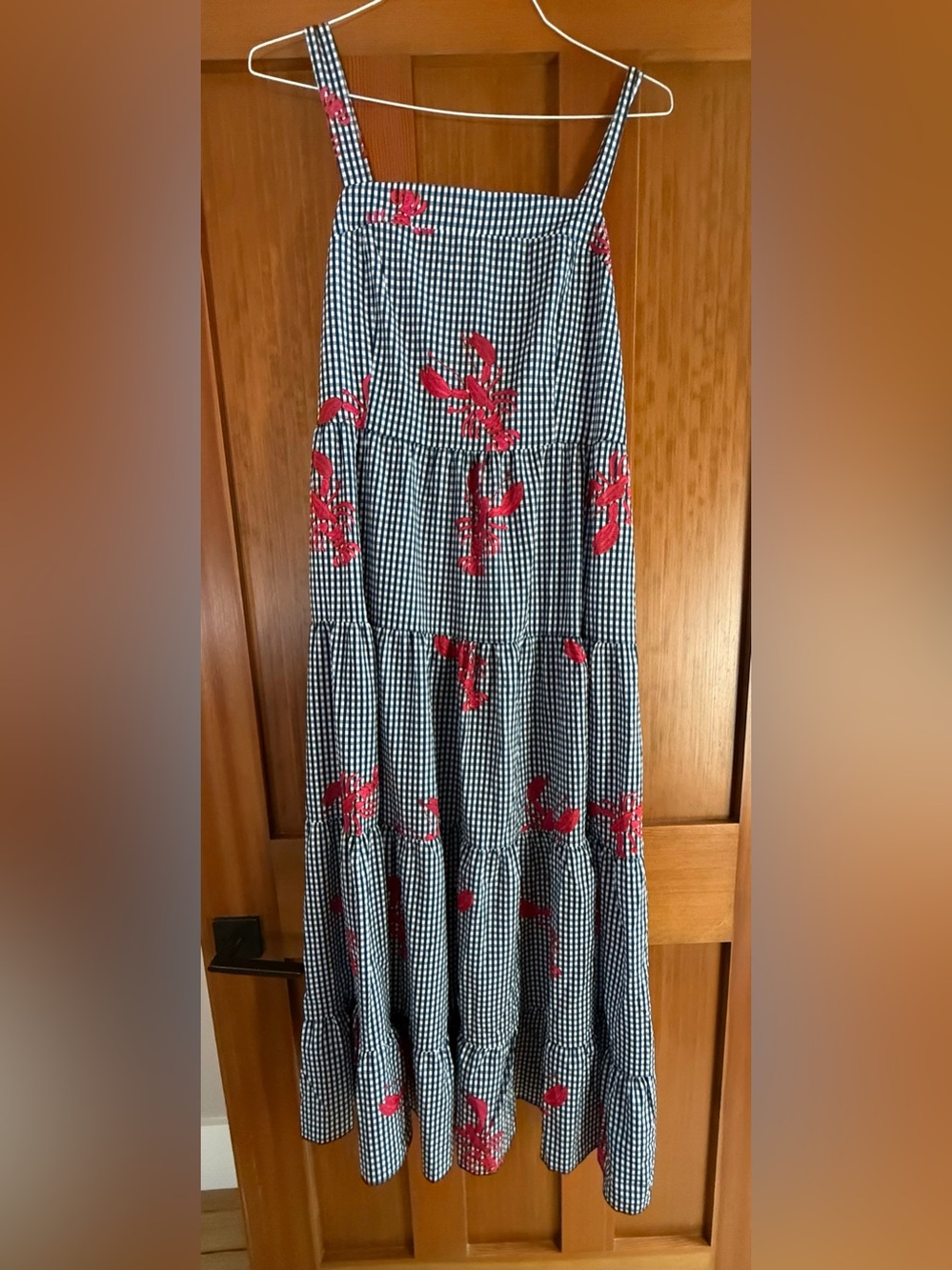 SHEIN Blue -and-White Gingham Midi Dress with Red Lobster Print